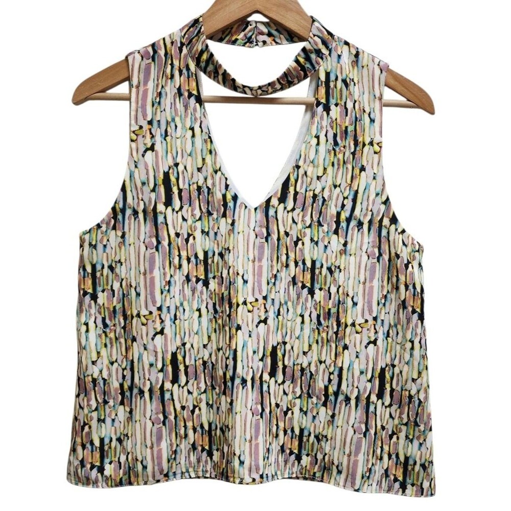 Waverly Grey Multicolor Abstract Sleeveless Choker V Neck Top Womens S Liberant